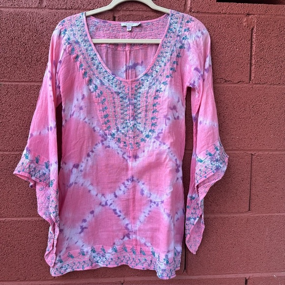 Calypso St Barth womens sz small boho tunic mini dress cover up pink tie dye - Picture 3 of 15